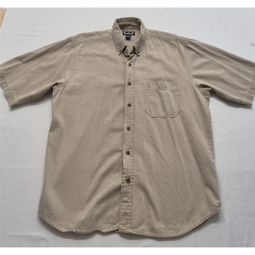 VTG Three Rivers men's tan short sleeve button up pocket shirt LG 100%‎ Cotton